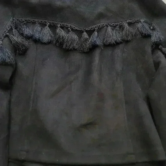 Vera & Lucy Tassel Faux Suede Black Moto Wing Collar Jacket Coat  Size M - Picture 12 of 13